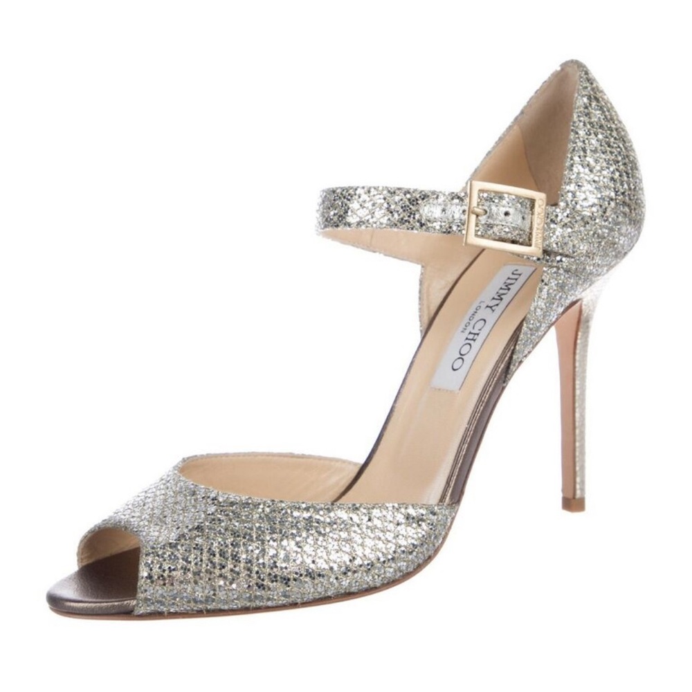 Jimmy Choo LACE Silver Glitter Champagne Embellished Shoes  37.5